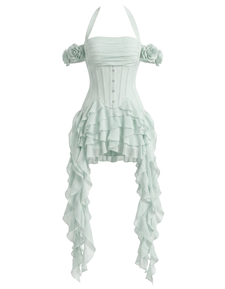 Halter Corset Ruffle Maxi Dress Green