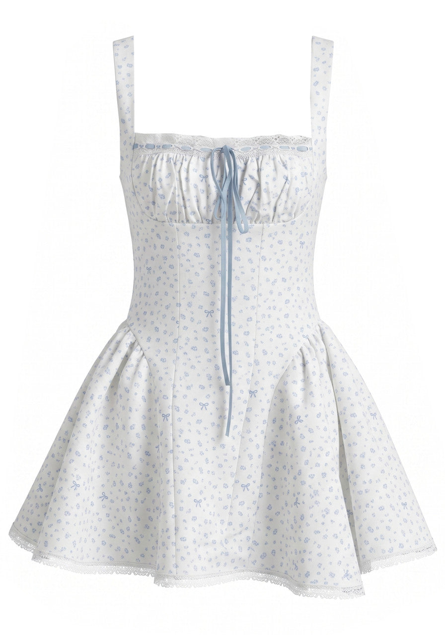 Floral Draped Bustier Corset A Line Dress White Blue