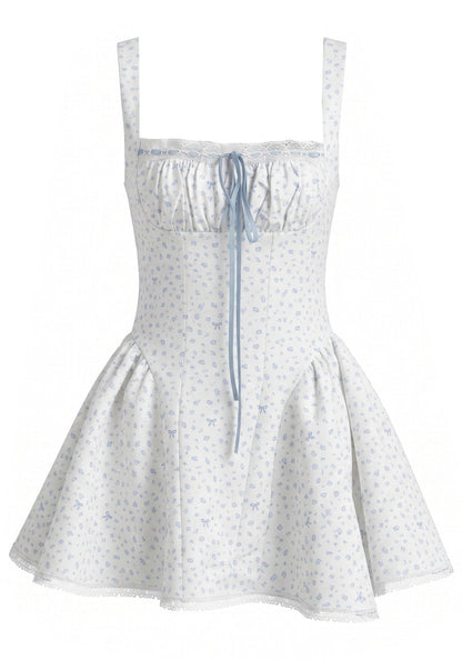 Floral Draped Bustier Corset A Line Dress White Blue