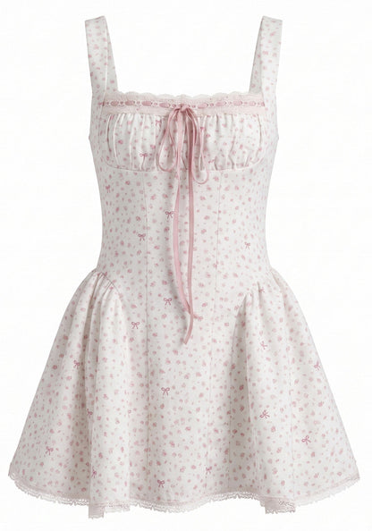 Floral Draped Bustier Corset A Line Dress White Pink