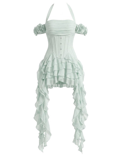Halter Corset Ruffle Maxi Dress Green
