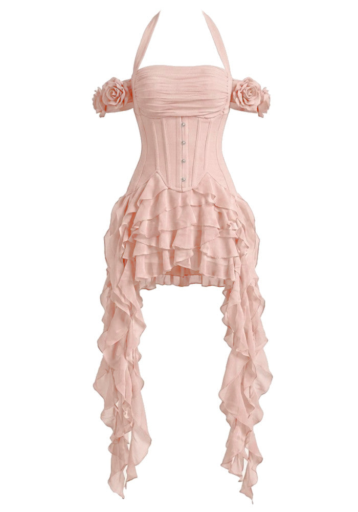 Halter Corset Ruffle Maxi Dress Pink