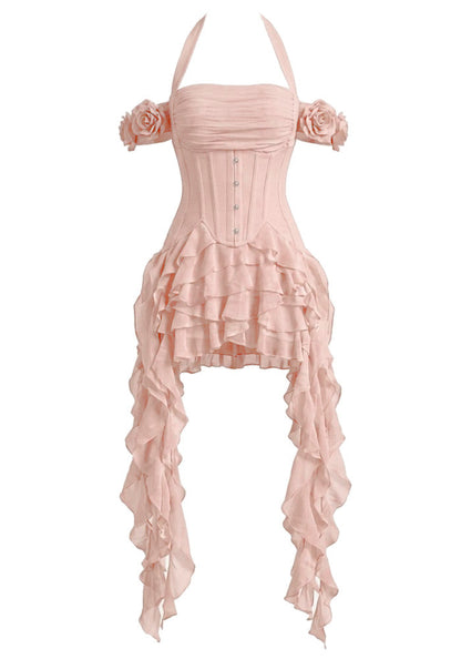 Halter Corset Ruffle Maxi Dress Pink