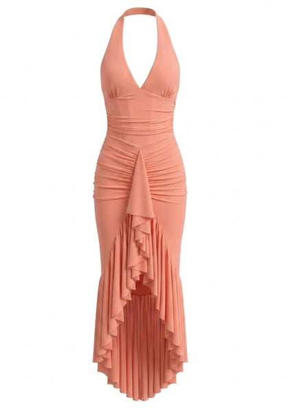 Halter Structured Ruffle Maxi Dress Coral