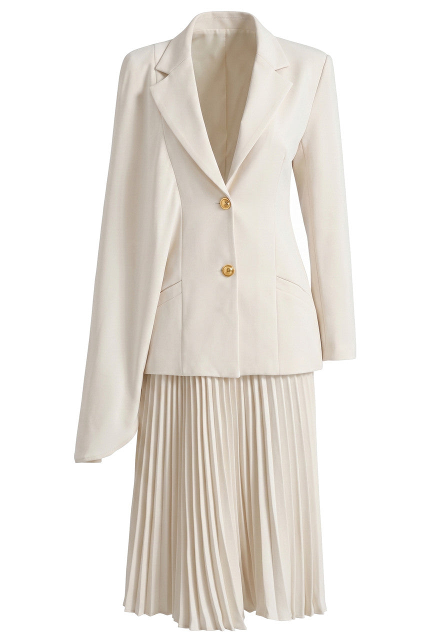 Long Sleeve Cape Pleated Midi Dress Ivory