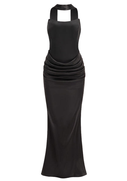 Strapless Draped Corset Maxi Dress Black