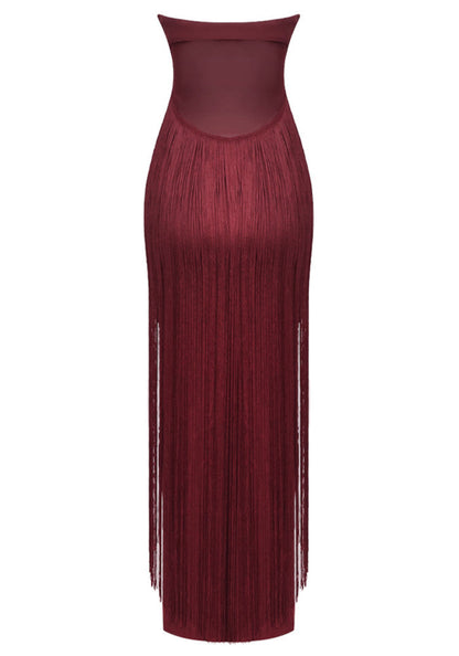 Strapless Tassel Maxi Dress Burgundy